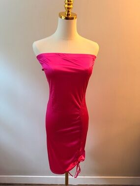 Elegant Hot Pink Satin Strapless Midi Dress